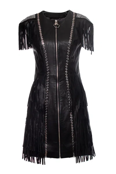 Philipp Plein Leather Fringe Dress In Black