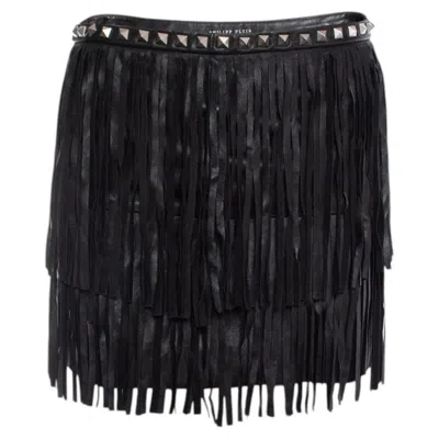 Pre-owned Philipp Plein , Leather Fringe Mini Skirt In Black