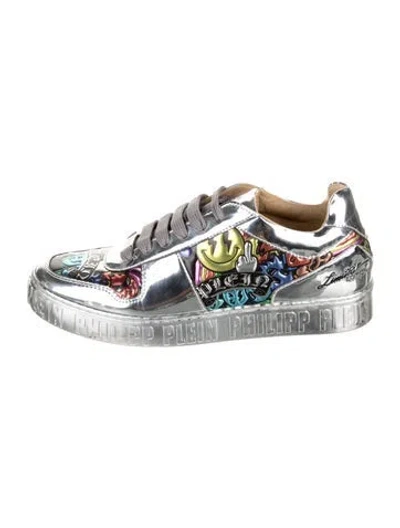 Pre-owned Philipp Plein Leather Graphic Print Sneakers In Metallic/silver