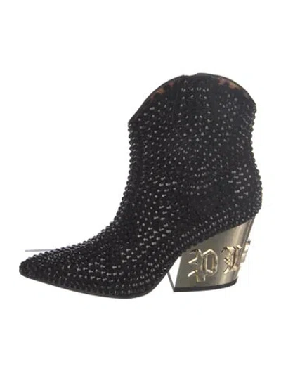 Pre-owned Philipp Plein Leather Graphic Print Western Boots In Black