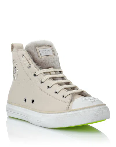 Philipp Plein Leather Hi-top Sneakers Shearling Lining Megastar In Beige