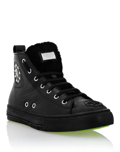 Philipp Plein Leather Hi-top Sneakers Shearling Lining Megastar In Black