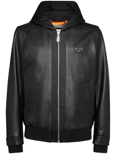 Philipp Plein Nappa Leather Hooded Bomber Jacket In Black
