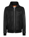 Philipp Plein Leather Hooded Bomber With Satin Inserts In Black