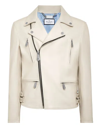 Philipp Plein Gothic Plein Leather Biker Jacket In Beige