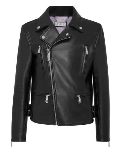 Philipp Plein Leather Jacket Gothic Plein In Black