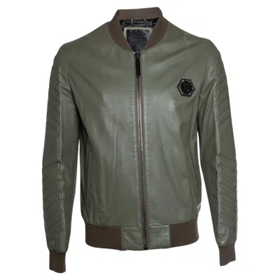 Pre-owned Philipp Plein , Leather Jacket In Kaki In Gray