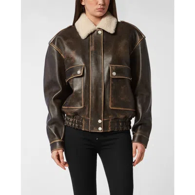 Philipp Plein Leather Jacket Signature Women In Brown