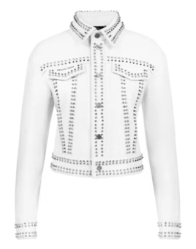 Philipp Plein Leather Jacket Studs Skull In White