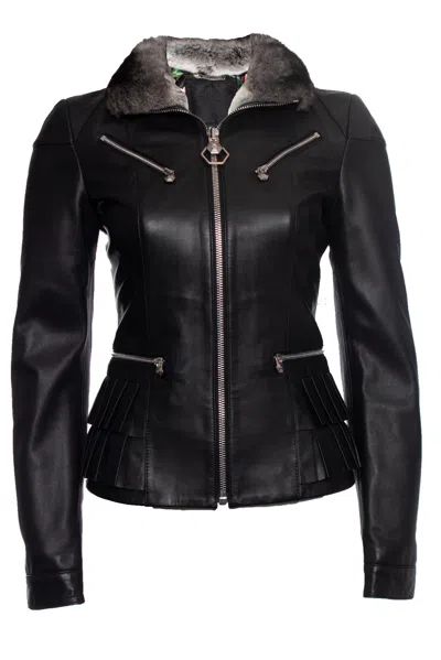 Philipp Plein Leather Jacket With Crystal Skull In Black