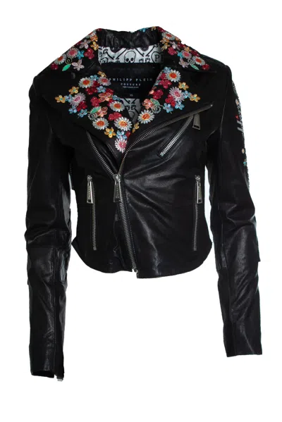 Philipp Plein Leather Jacket With Embroidery In Black