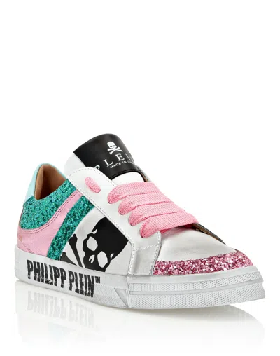 Philipp Plein Leather Lo-top Sneakers Skull With Crystals In Blue