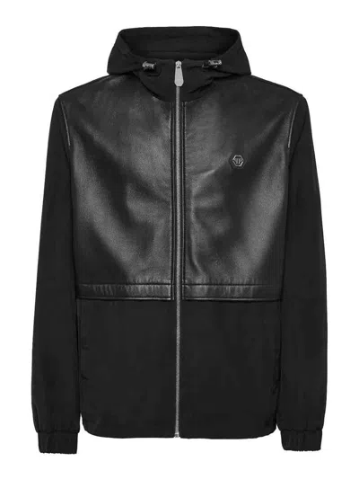 Philipp Plein Leather Long Sleeve Hooded Jacket In Black