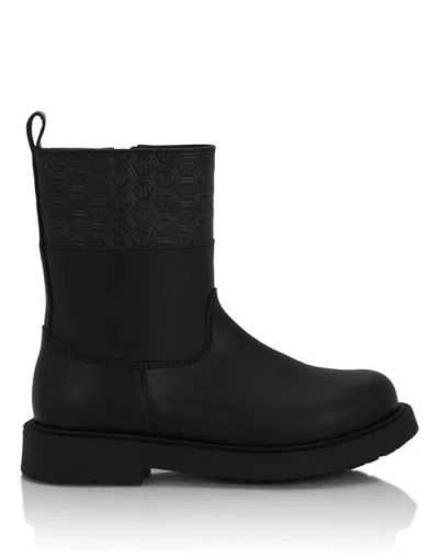 Philipp Plein Kids'  Leather Low Boots Monogram Girl In Black