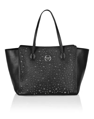 Philipp Plein Leather Maxi Shoulder Bag Studs Stars In Black