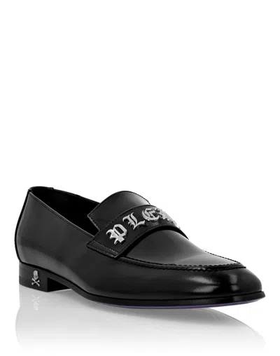 Philipp Plein Gothic Logo-plaque Leather Moccasins In Black