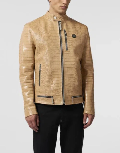 Philipp Plein Leather Moto Jacket Cocco Men In Transparent