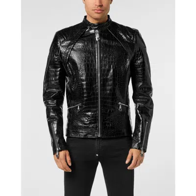 Philipp Plein Leather Moto Jacket Cocco Print Men In Black