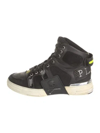 Pre-owned Philipp Plein Leather Printed Sneakers In Black