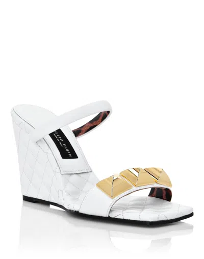 Philipp Plein Leather Sandals Wedge Matelassé Studs In White