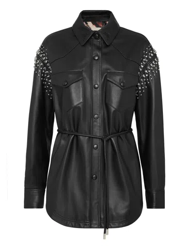 Philipp Plein Leather Shirt Dress With Crystals In Black