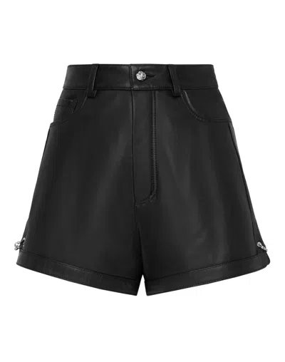 Philipp Plein Leather Shorts Pants Pins In Black