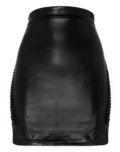 Philipp Plein Leather Skirt Short Crystal In Black