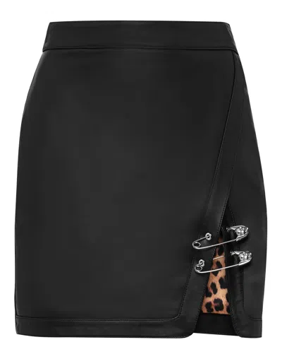 Philipp Plein Leather Skirt Short Pins In Black