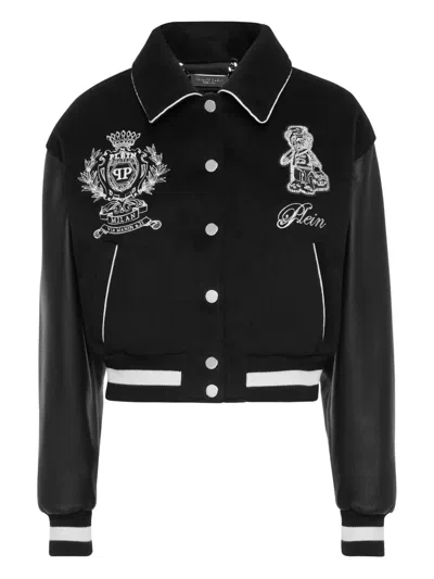 Philipp Plein Leather-sleeve Logo-embroidered Bomber Jacket In Black