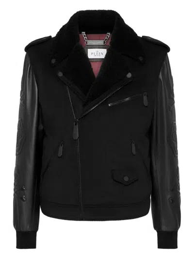 Philipp Plein Leather-sleeve Skull-embellished Biker Jacket In Black
