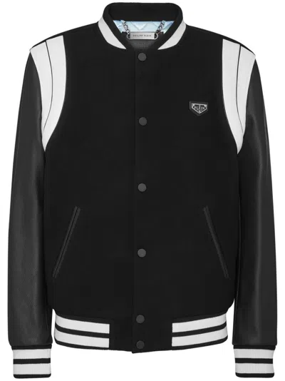Philipp Plein Leather Sleeves Bomber Jacket In Black