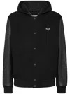 Philipp Plein Leather Sleeves Hooded Bomber Jacket In "02 Black"