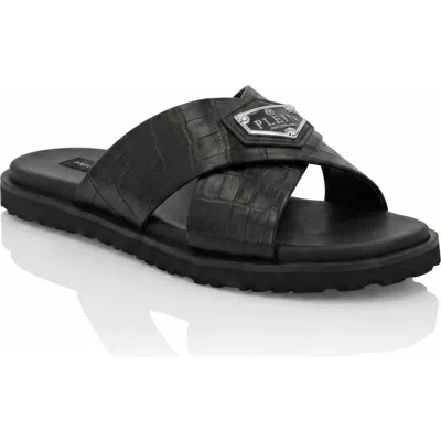 Philipp Plein Leather Slippers Criss-cross Cocco Men In Black
