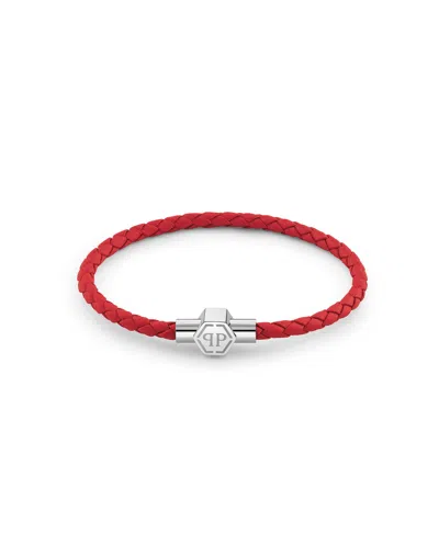 Philipp Plein Leather Stainless Steel Bracelet Plein Tag In Red