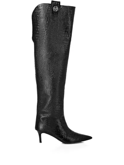 Philipp Plein Leather Stiletto-heel Over-the-knee Boots In Black