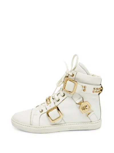 Pre-owned Philipp Plein Leather Studded High-top Sneakers In White