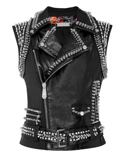 Philipp Plein Leather Vest Short Studs In Black