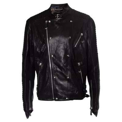 Pre-owned Philipp Plein , Leather Zip Biker Jacket In Black