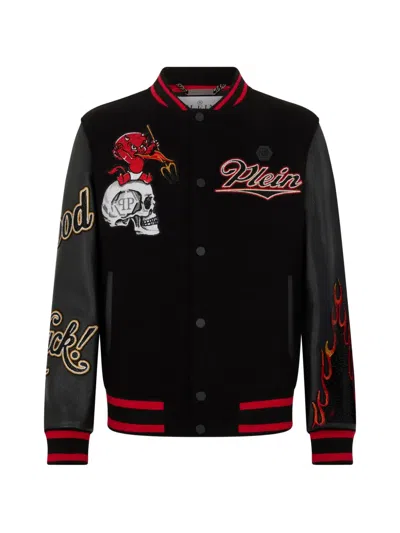 Philipp Plein Leather-sleeve Skull-detail Bomber Jacket In Black