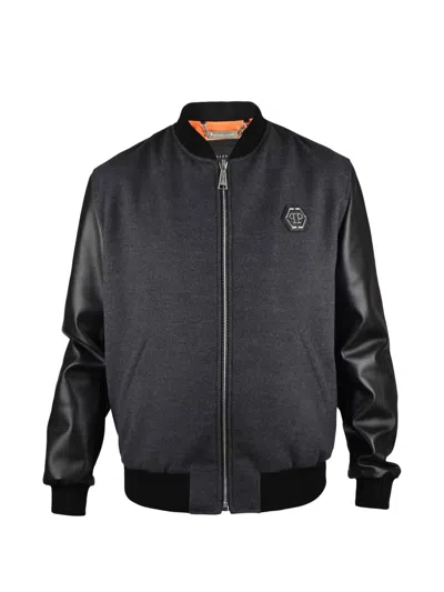 Philipp Plein Leather-sleeved Logo-print Bomber Jacket In Black