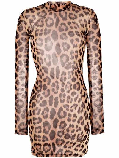 Philipp Plein Leopard-print Mock Neck Dress In Nude