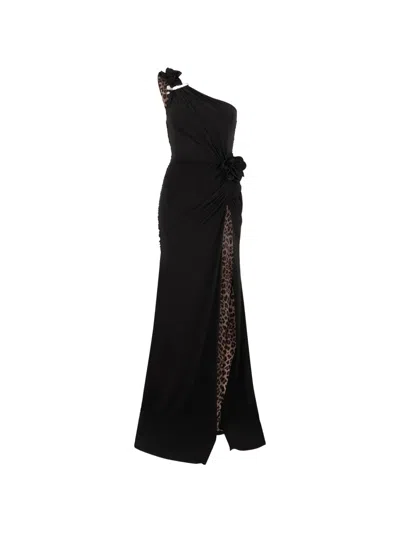 Philipp Plein Leopard-print Floral-appliqué Maxi Dress In Black