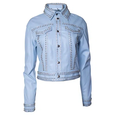 Pre-owned Philipp Plein , Light Blue Leather Jacket With Studs And Crystals