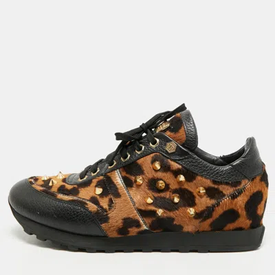 Pre-owned Philipp Plein Limited Editions Size 39 Black/brow Calf Leather And Leather Lace Up Sneakers