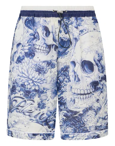 Philipp Plein Linen Bowling Shorts All-over Ceramic In Blue