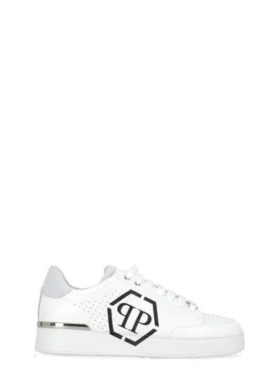 Philipp Plein Perforated Leather Sneakers Logo Detail In White