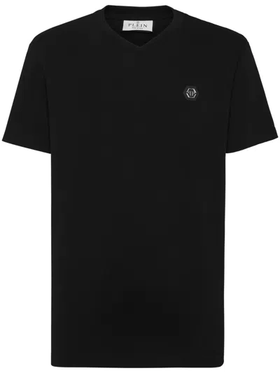 Philipp Plein Crew Neck T-shirt With Ribbed Short Sleeves In Black