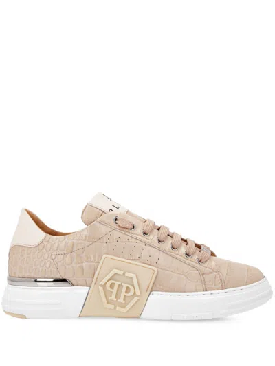 Philipp Plein Logo-appliqué Crocodile-embossed Sneakers In Neutrals