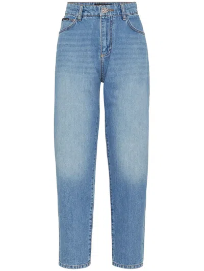 Philipp Plein Logo-appliqué High-rise Tapered Jeans In Blue