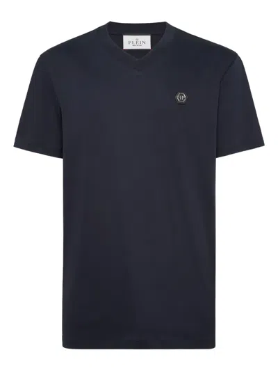 Philipp Plein Logo-appliqué V-neck T-shirt In Blue